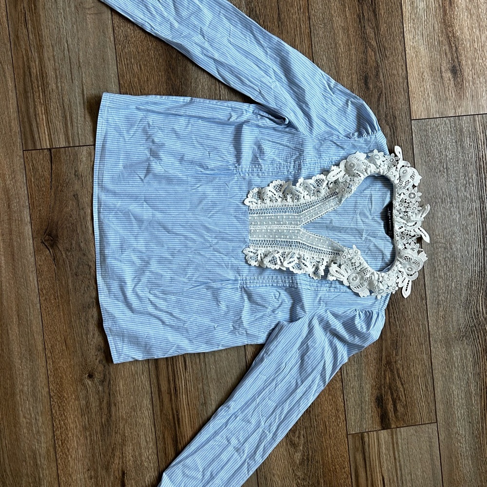 Zara Blue and White Striped Lace Blouse